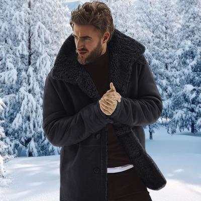 Yousheng Men Coat Lapel Long Sleeve Single Breasted Winter Jacket with Pockets Solid Color Velvet Lining Thickened Autumn Winter Outerwear