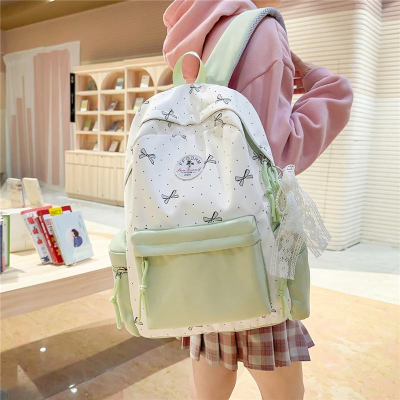 Nylon Backpack Cute Bow Print School Bag for Girls