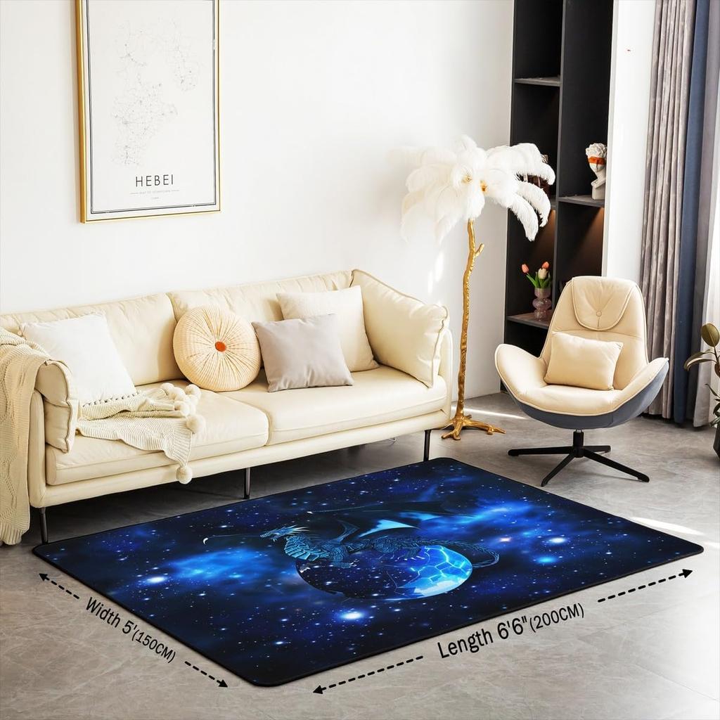 3D Dragon Galaxy Area Rug - Blue Outer Space Carpet for Bedroom & Living Room, Non-Slip Fleece Floor Mat, Fantasy Home Decor