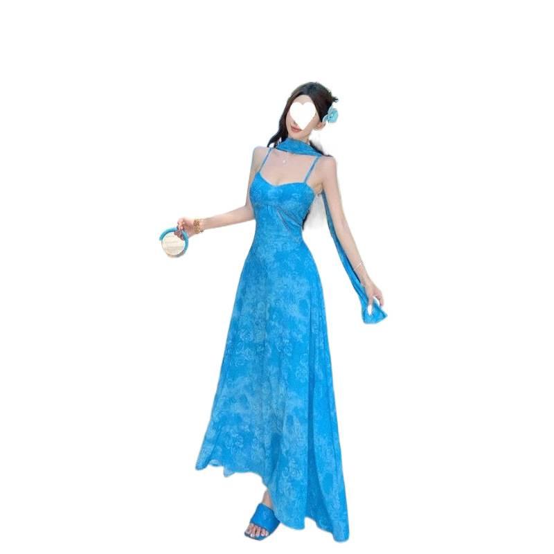 French gentle wind seaside vacation blue jacquard suspender dress is beautiful, beautiful, waist temperament long skirt