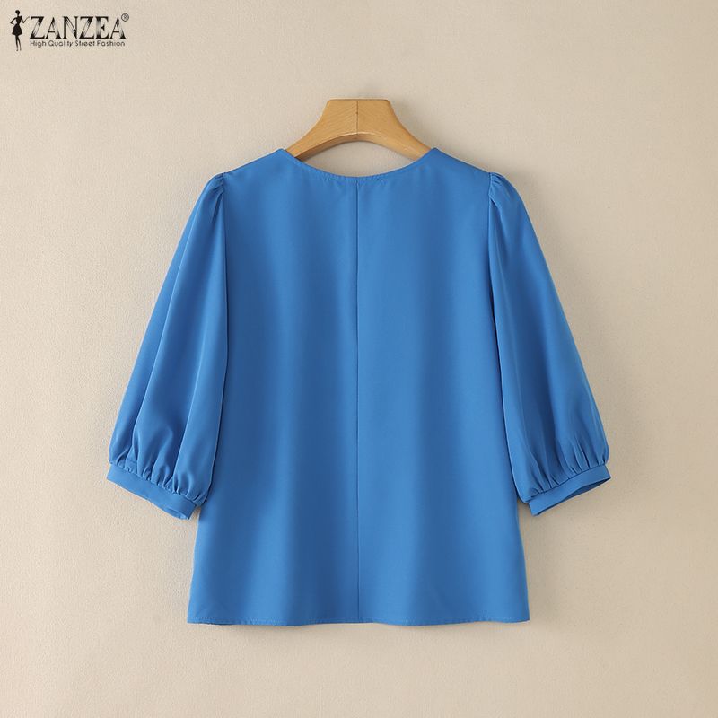 ZANZEA Blusa casual da donna a maniche 3/4 a tinta unita con scollo rotondo