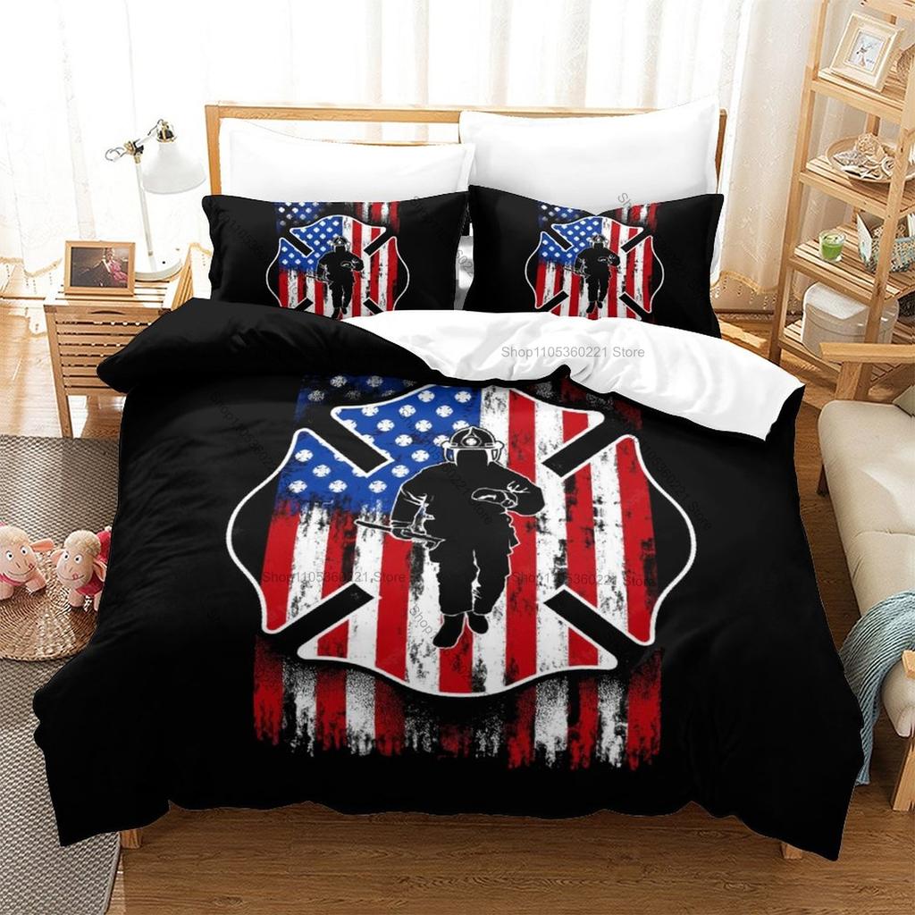 Cool Firefighter Rescue Fire Truck Flame Hero HD Print Bedding Set Duvet Cover + 2 Pillowcases Polyester Boys Bedroom Decor