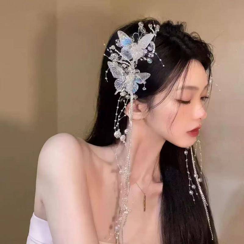 Long Butterfly Beaded Tassel Hair Clip For Women Fairy Temperament Sweet Princess Hairpin Fashion Bride Hair Accessories