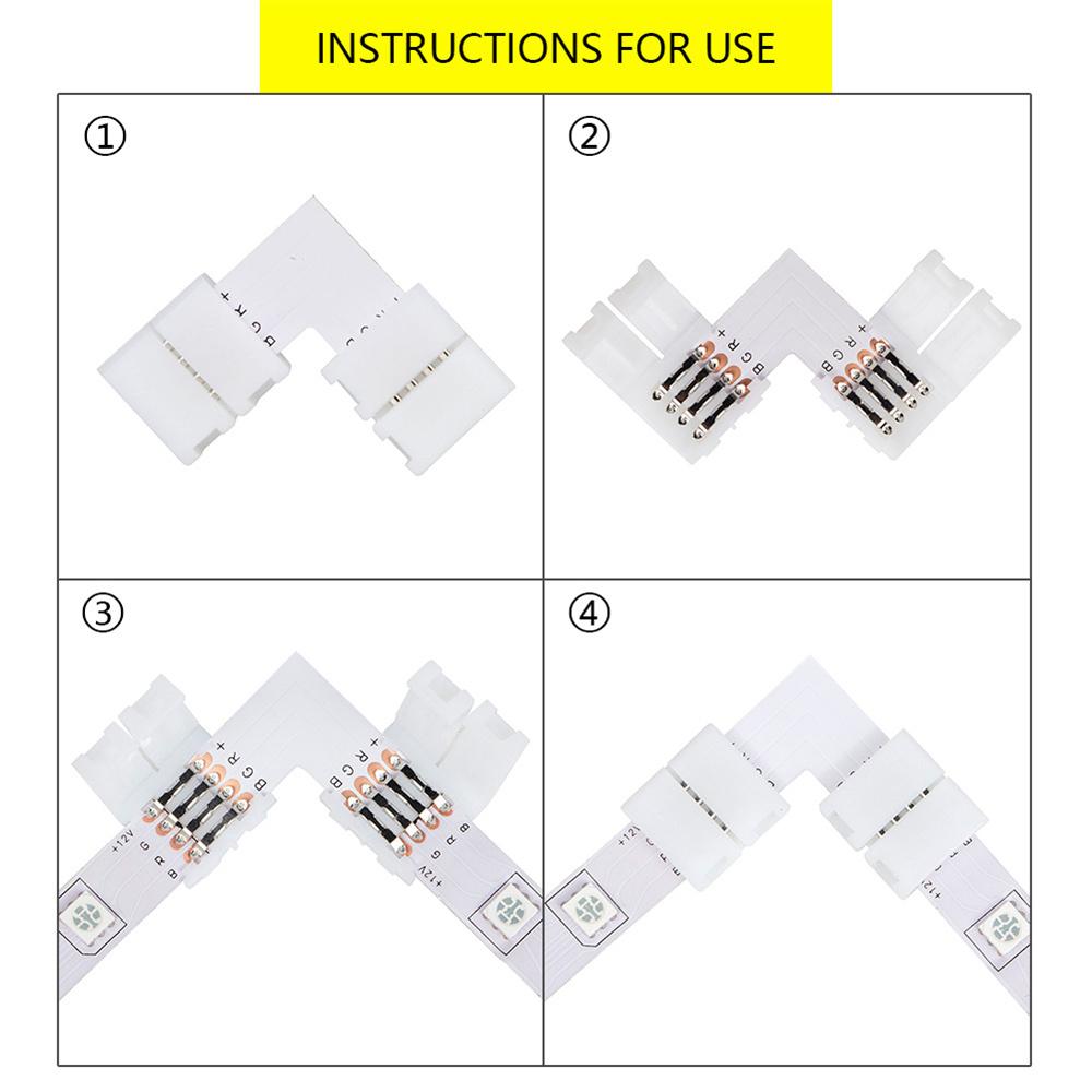 20Pcs/Set 10mm 4 Pin LED RGB Connector Set L Shape Unwired Gapless Solderless SMD 5050 RGB Connector LED Lights Accessories
