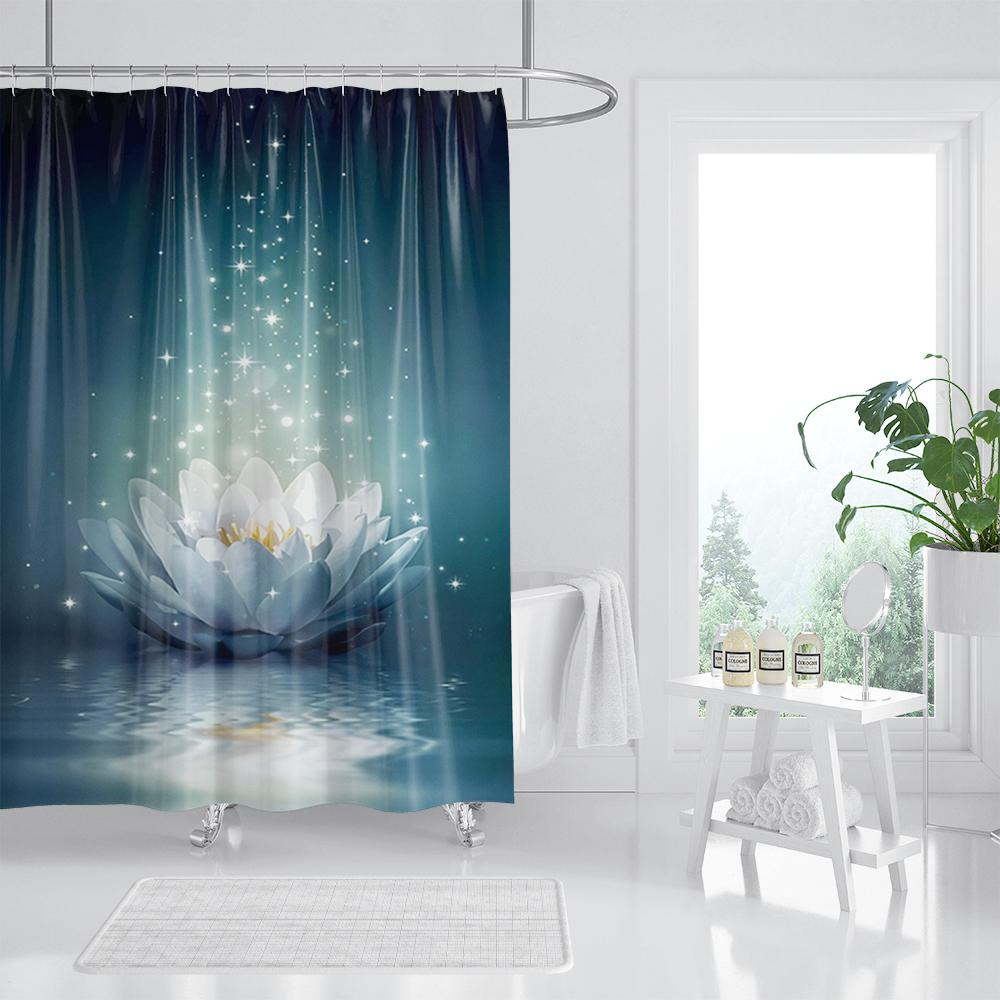 White Lotus Flower Shower Curtains for Zen Spa Bathroom Decor, Asian Floral Polyester Bath Curtain Set, Gift for Women and Girls