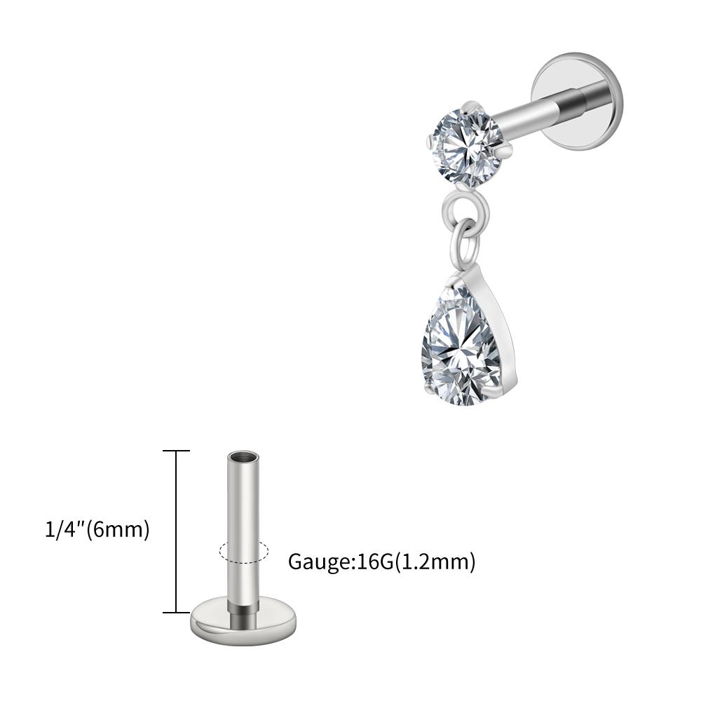 Right Grand ASTM F136 Titanium 16G Teardrop Dangle CZ Labret Stud Waterdrop Tragus Cartilage Earring Flatback Helix Piercing