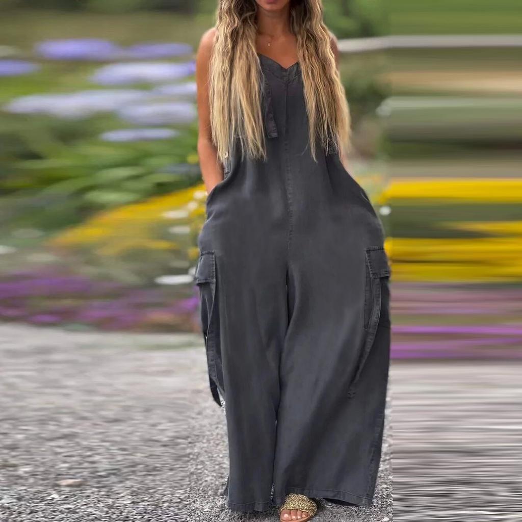 Women's Fashion Casual Loose Pocket V-Neck Colour Jumpsuit