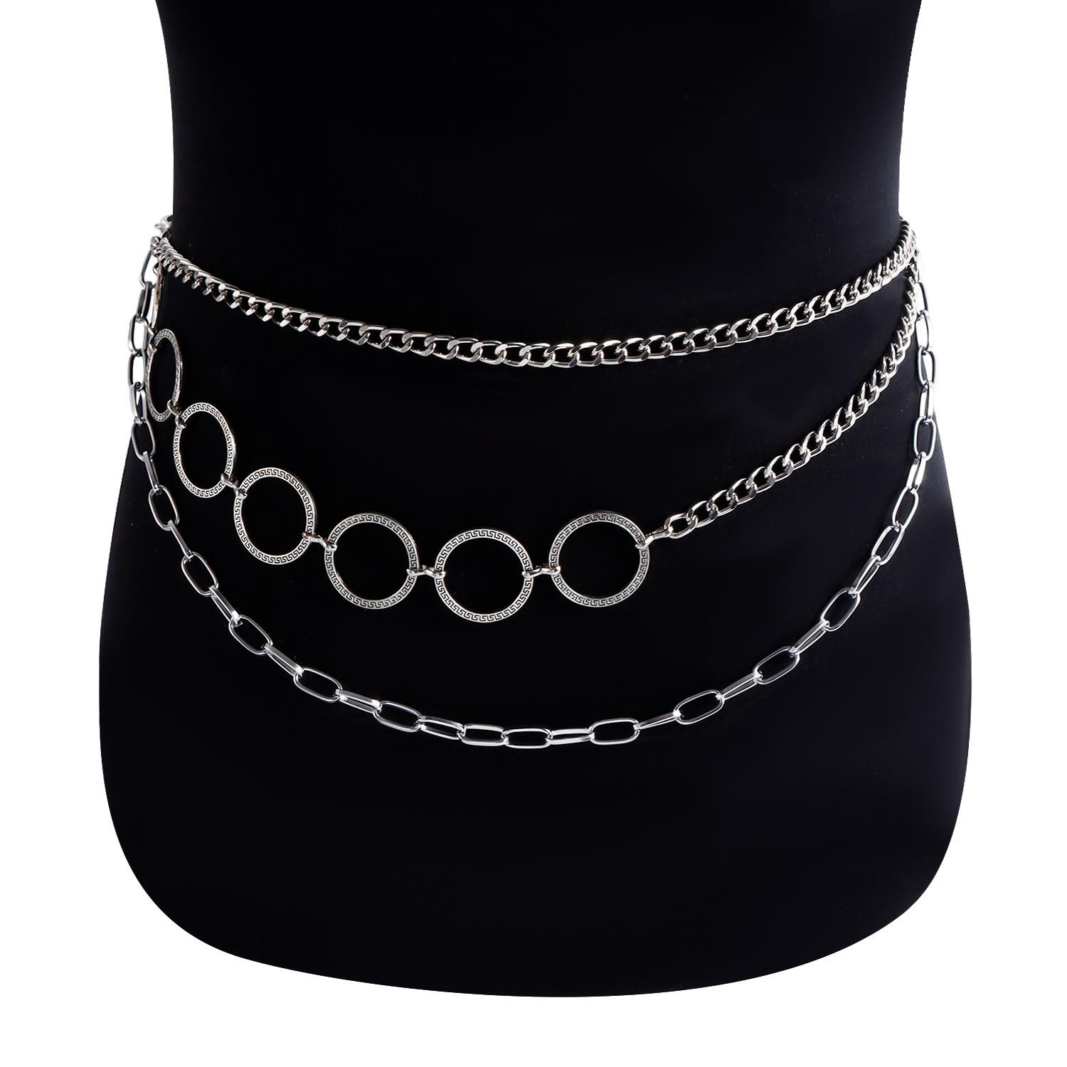 Sexy fashion three-layer personalized waist chain metal multi-layer ring simple temperament body chain серебряный