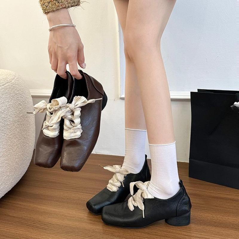 Fashion Block Heel Single Shoes Autumn New Square Toe Deep Mouth Front Lace-up Non-slip Wear-resistant Kitten Heels