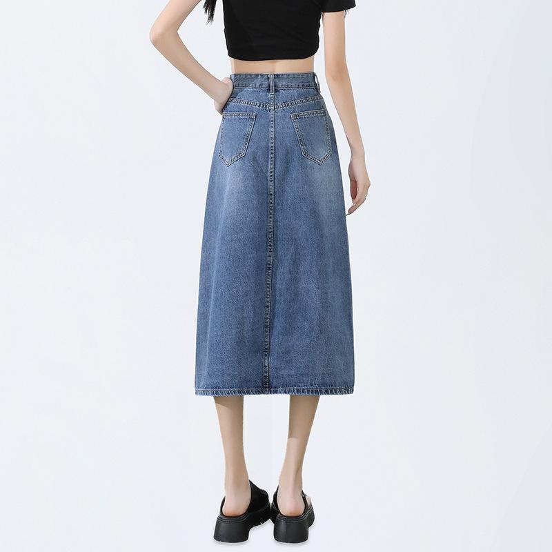 High Waist Slit Denim Skirt for Women In Spring Retro Slim A-line Hip-covering Large Size Mid-length Skirt