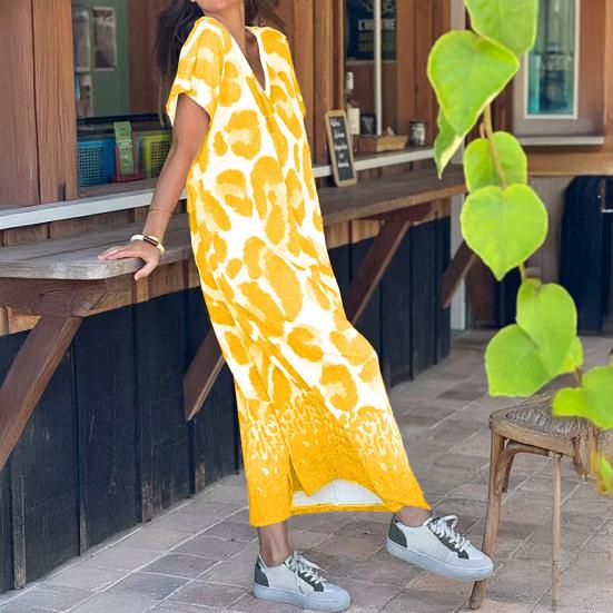 Women Summer T-shirt Shift Dress Leopard Print Short Sleeve V Neck