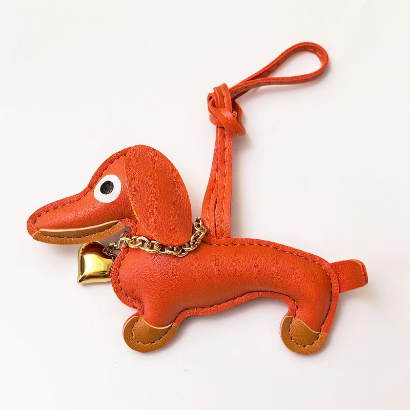 Pu Leather Stuffed Dachshund With Collar of Gold Heart Shape Pendent WIth Long Strap Puppy Pendent for Bag Charms Accessories
