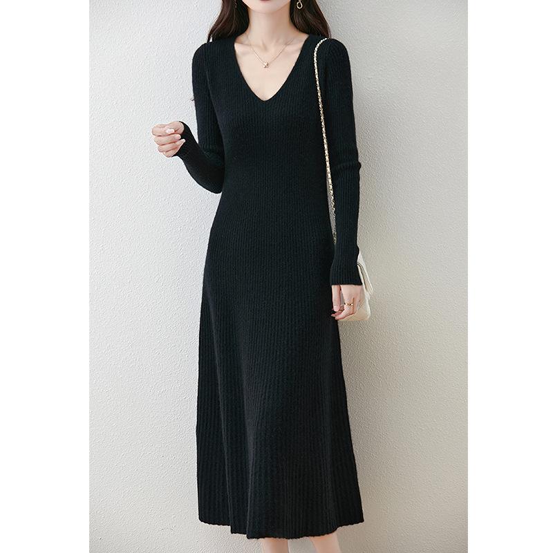 Solid color v-neck medium and long knitted dress for women's autumn and winter new temperament slim and thin over the knee primer sweater skirt