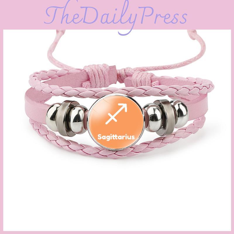 Fashionable Zodiac Sign Pink Leather Bracelet Handcrafted Multi-layer Design