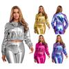 Womens Shiny Crop Jacket Motor Style Chest Flap Pockets Club Outerwear