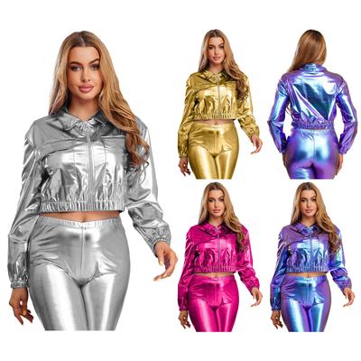 Dames Metallic Glanzend Cropped Jasje Revers Lange Mouw Rits Voorkant Biker Jas