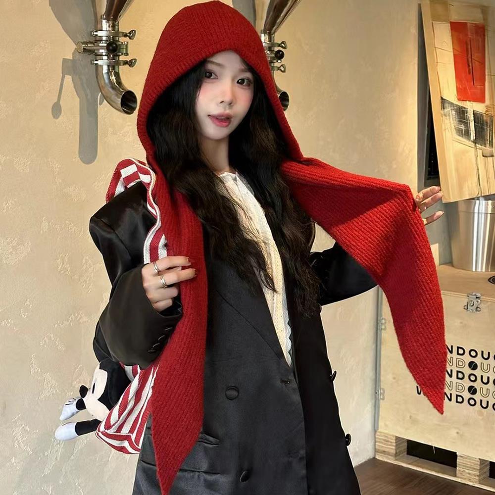 Knitted Beanies Cap For Women Winter Warm Integrated Hooded Hat Neck Collar Scarf Cap Ski Beanie Cold Hats Balaclava Caps Bonnet