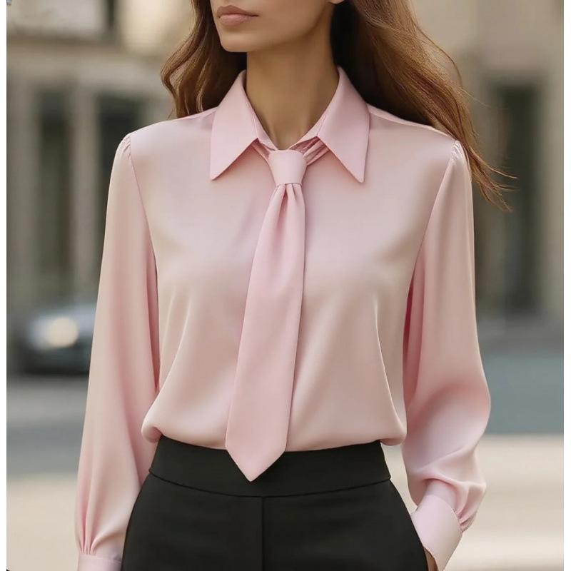Spot 2025 New Autumn Solid Color Casual Tie Long-sleeved French Shirt Women's Shirt