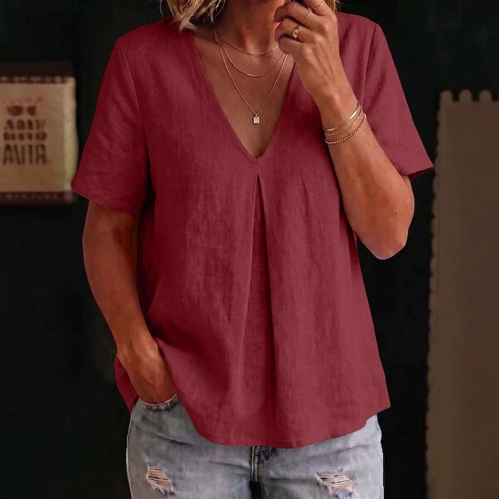 Women Casual V Neck Loose Fit Short Sleeve Blouse Lightweight Soft Fabric Comfortable Summer Top