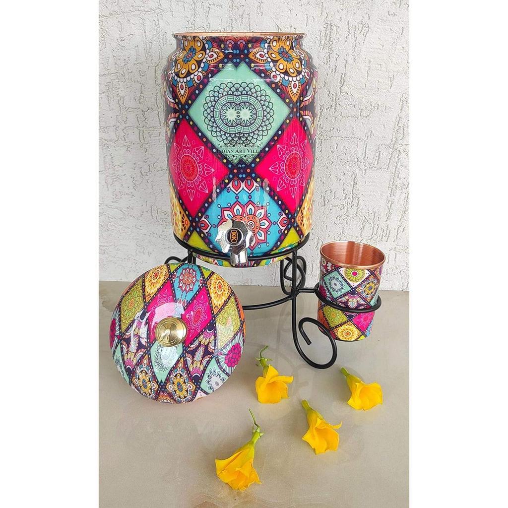 Pure Copper Colorful Diamonds Printed Design Water Pot Heavy Gauge with Brass Tap & Copper Glass & Stand, Storage & Serving Water, Volume- 5 Liters