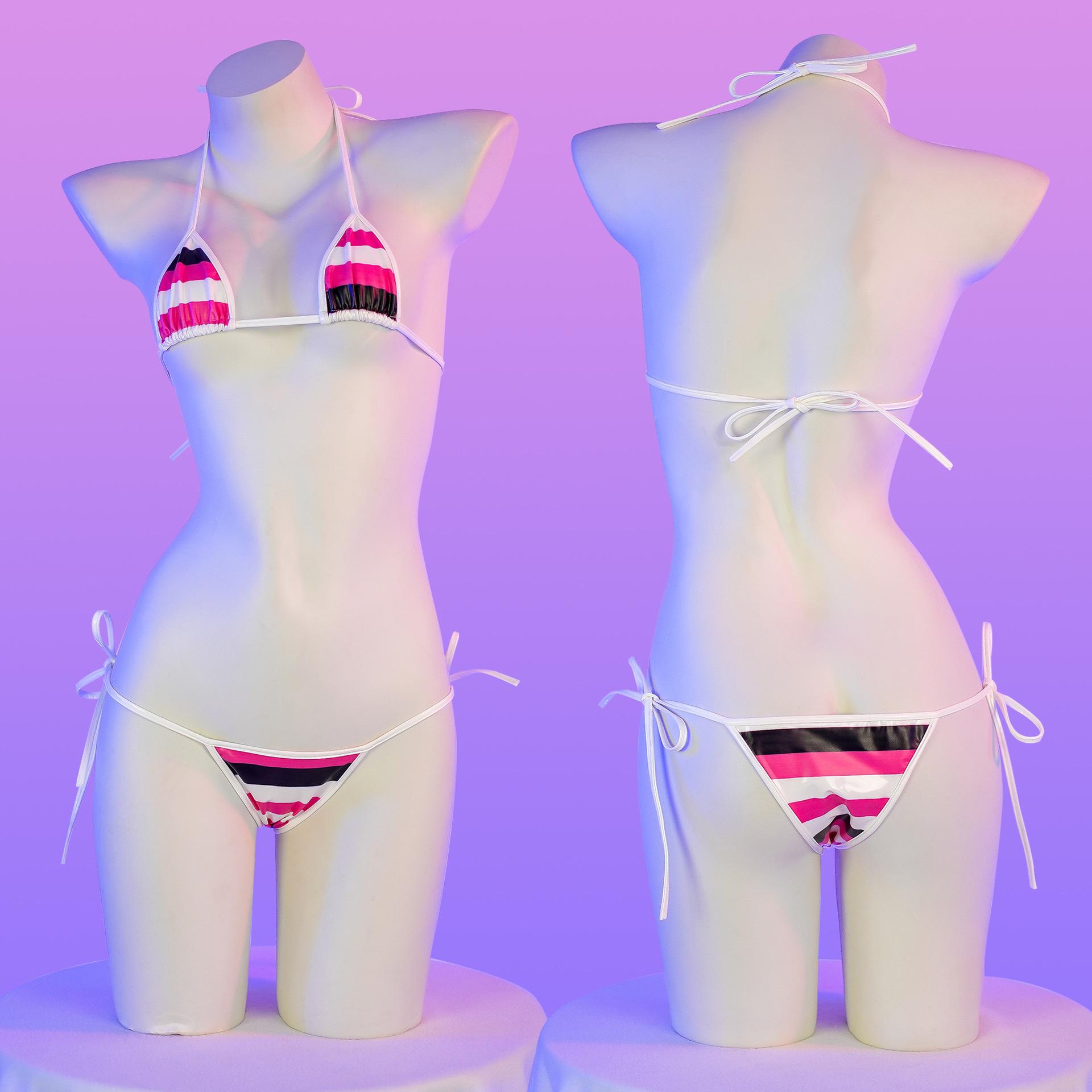 

Жіночий сексуальний лакований смугастий бікіні-комплект нижньої білизни C2114 One Size червоний/білий