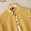 VONDA Summer Women V-Neck 3/4 Sleeve Embroidery Hem Casual Blouse