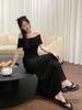 Human Cotton French Light Ripe Feeling Hepburn Style Temperament One-word Shoulder Black Dress Summer Waist Gentle Long Dress