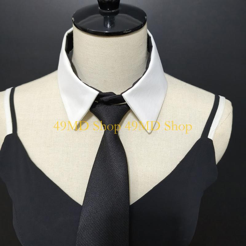 49MD Stylish Removable Faux Collar with Elegant Black Long Tie Front Decorative Blouse Choker Collar Accessory for Women Girl