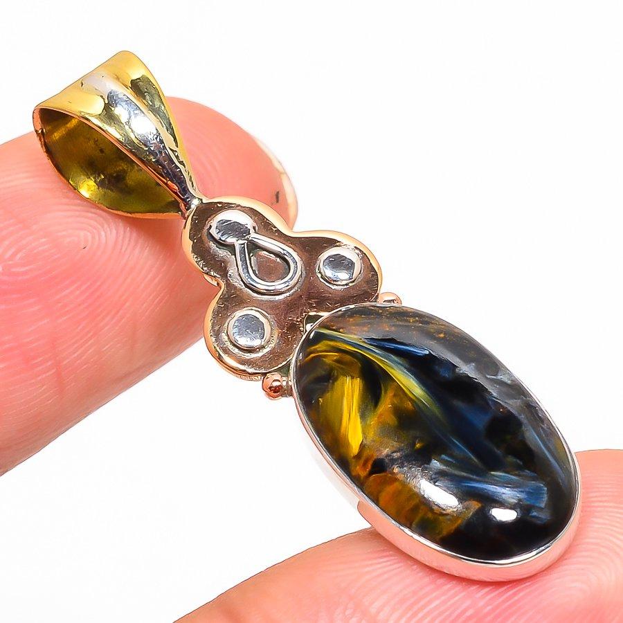 Natural Pietersite Gemstone TwoTone 925 Solid Sterling Silver Pendant 1.75" F6o48
