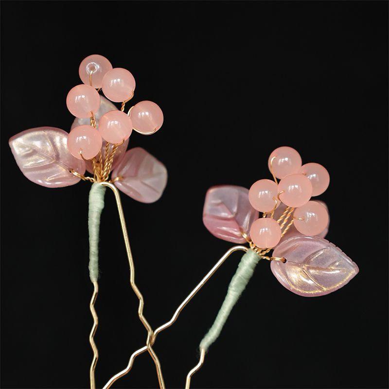 Ancient Hairpin with Red Wild Berries Glass Embellishment - Versatile U-Shaped Hanfu Headwear
