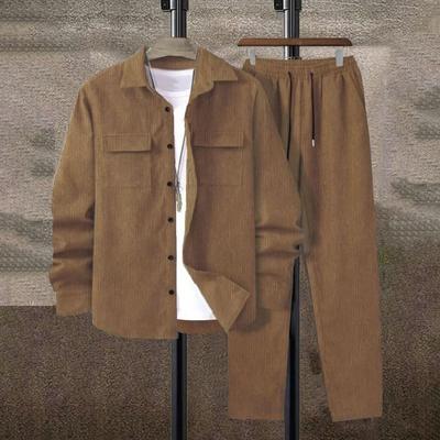 Solid Color Casual Men's Lace-Up Corduroy Set