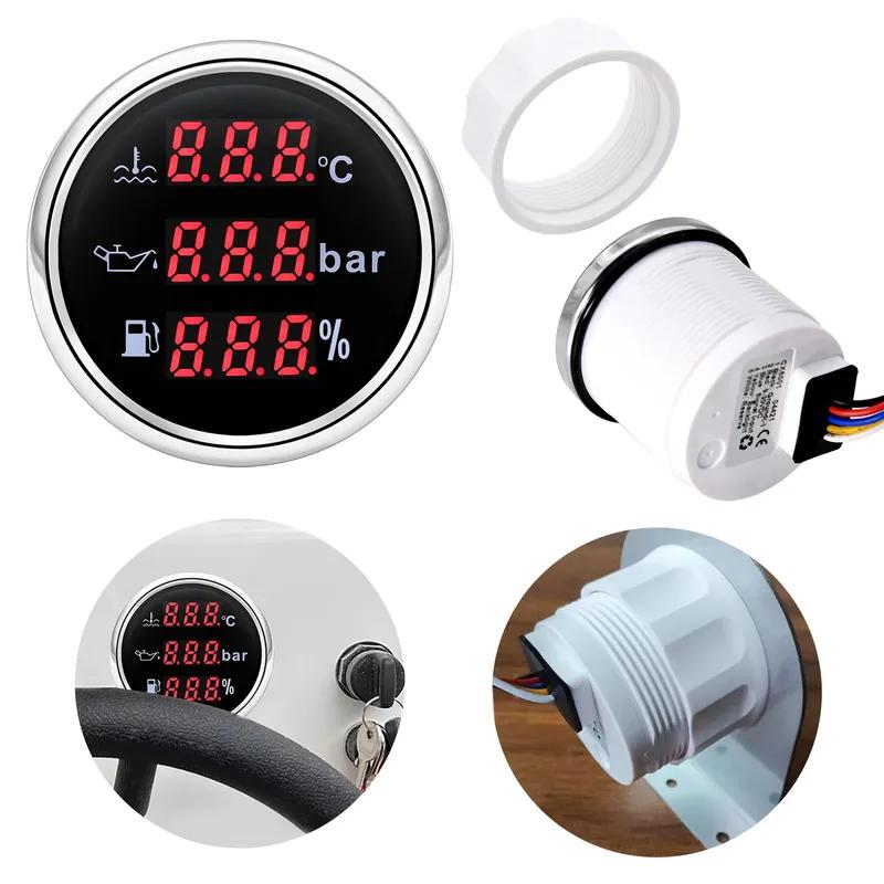 MultiMeter 3IN1 Red LED Digital 52mm Gauge with Alarm Water Temp+Oil Press+Fuel Level Gauge 0-190ohm for Auto Car Boat Yacht