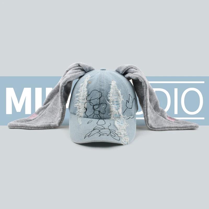 Y2K Style Denim Blue Baseball Cap Newjeans Minji Haerin Omg Stage Long Rabbit Ear Hat Fashion Hip-Pop Cap Couple Birthday Gifts
