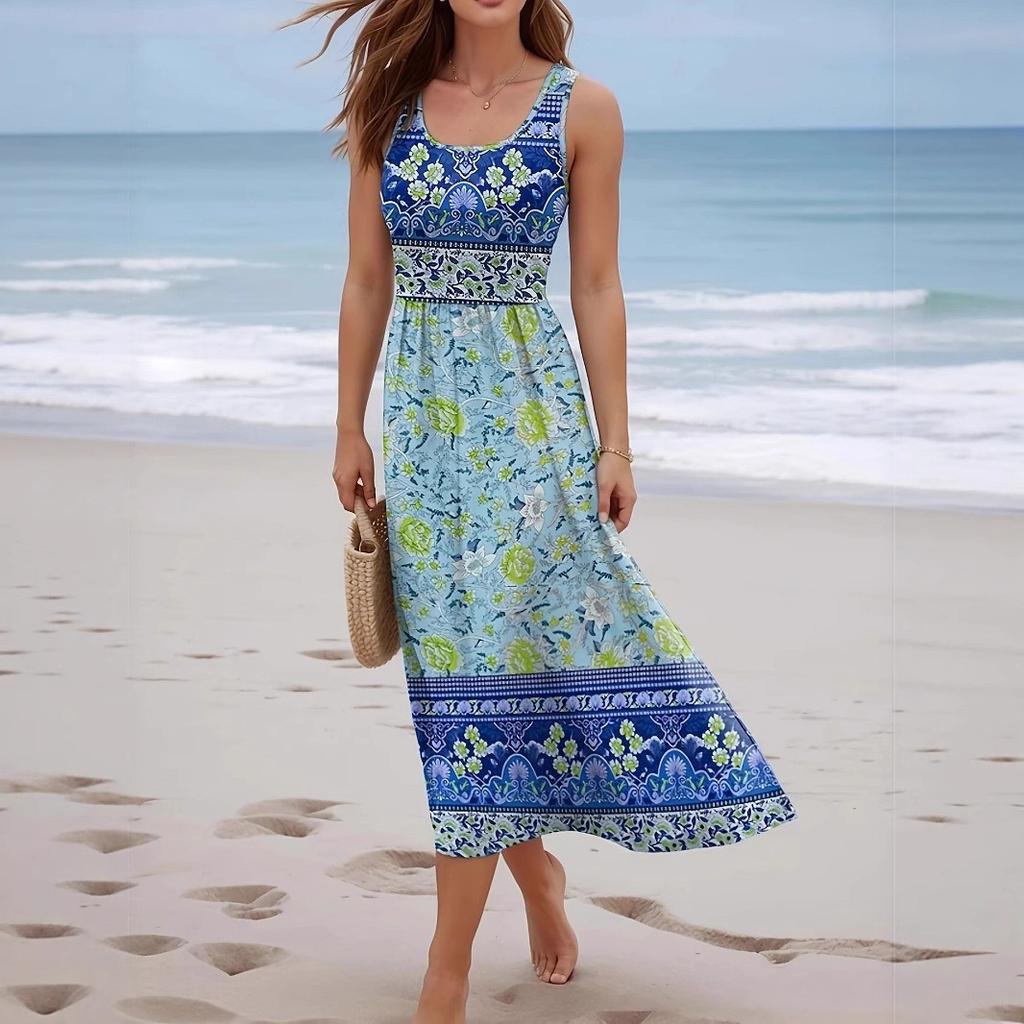 Summer New European and American Style Printing Sleeveless Long Dress Seaside Vacation Bohemian Dress Women's Clothing
