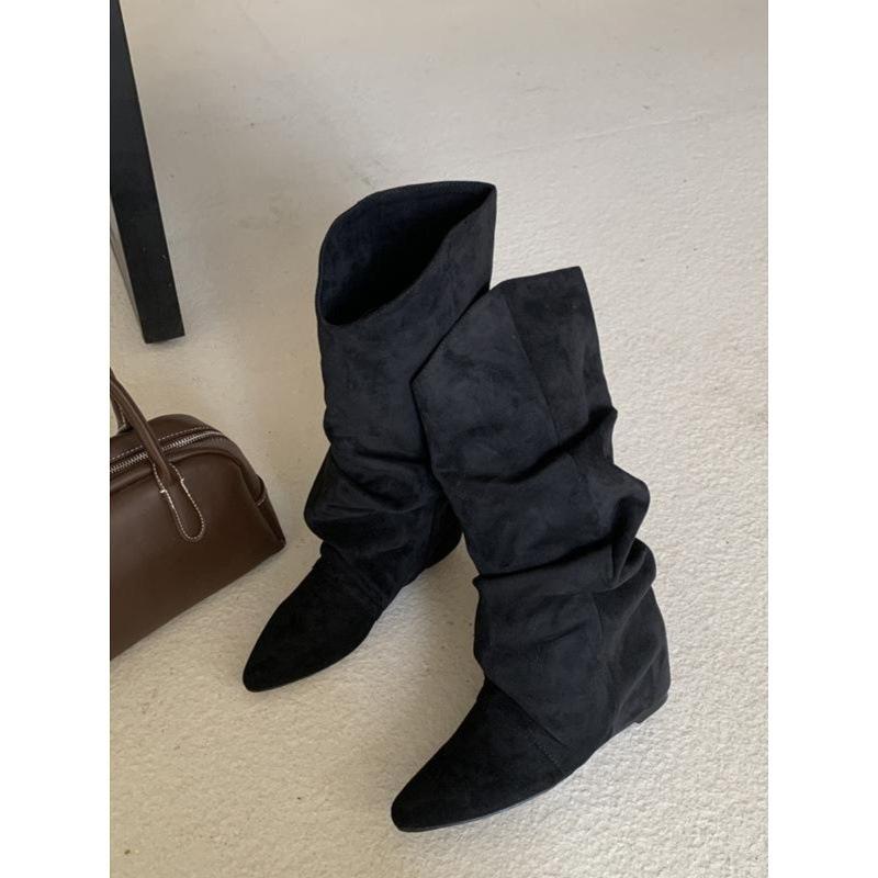 Temperament Pleated High Boots Suede Piled Boots Fried Street Boots Pointed Trousers Long Boots Long Boots