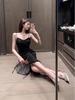 2024 Summer Korean Hepburn Black Sequin Slit Midi Slim Fit Suspender Dress