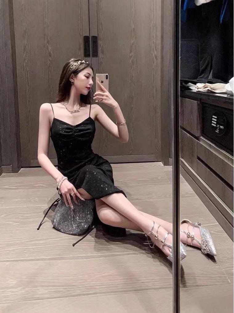 2024 Summer Korean Hepburn Black Sequin Slit Midi Slim Fit Suspender Dress