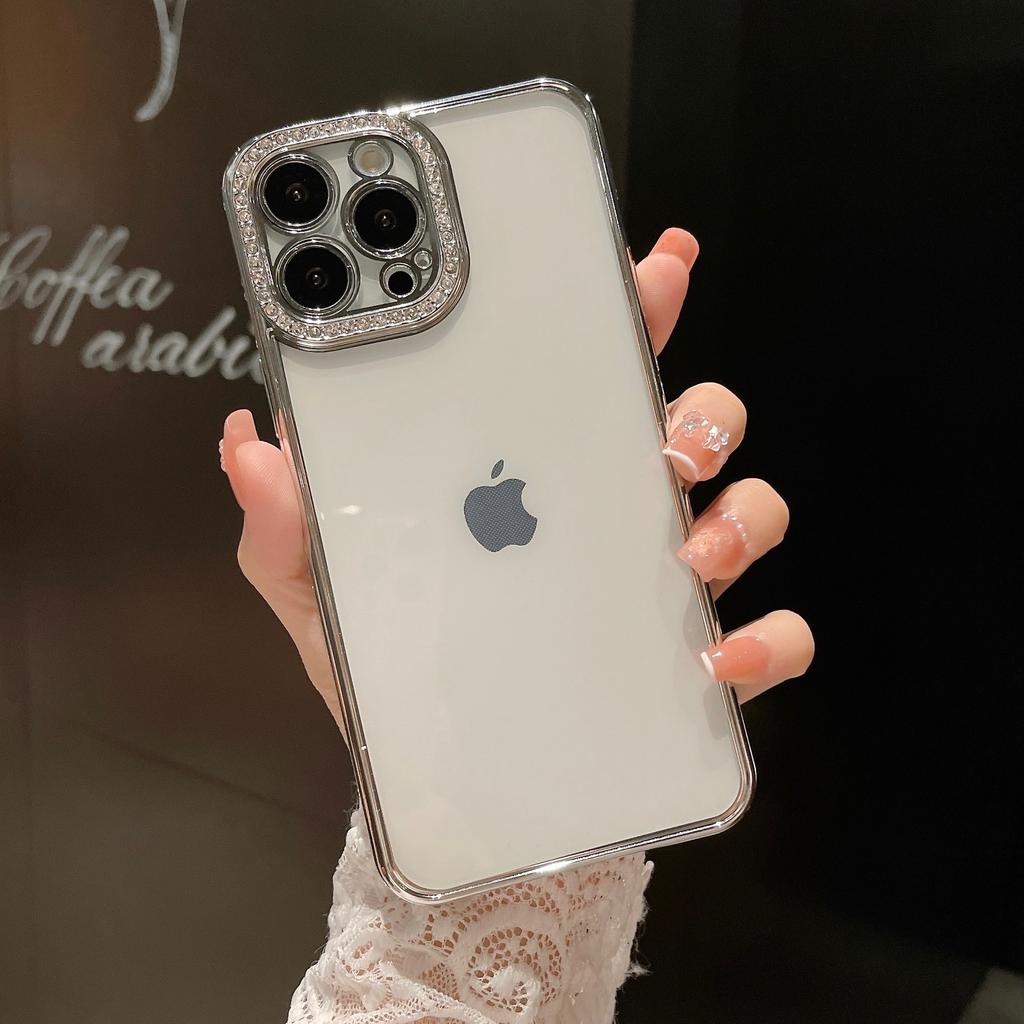 Suitable for IPhone16 Phone Case Electroplated with Full Diamond Lens, Creative Transparent TPU Soft Case 14 Protective Case for Apple 15
