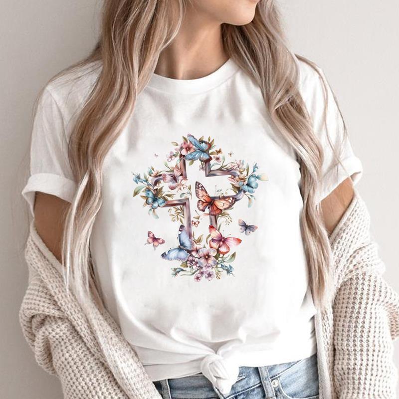 (Asian Size) sweet trend cute 90s style faith Print Short Sleeve T-shirts Casual Women's Top T Clothing O-neck Fashion Female Graphic Tee