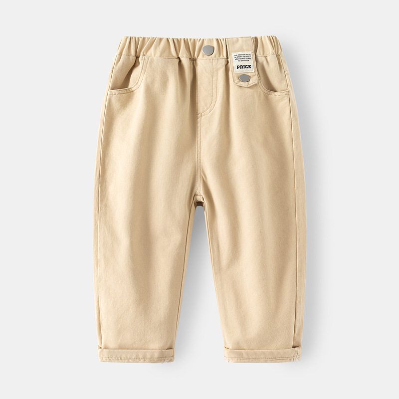 Children's Clothing Spring and Autumn Boys' Casual Pants Kids Solid Color Label Fashion Pants Baby Boys Low-Waist Elastic Waistband Long Pants