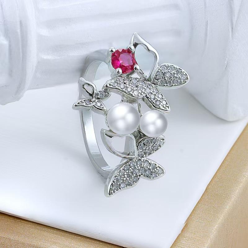 Slightly Inlaid Retro Bow Zircon Pearl Fairy Temperament Ring Gentle Wind Fairy Pearl Ring