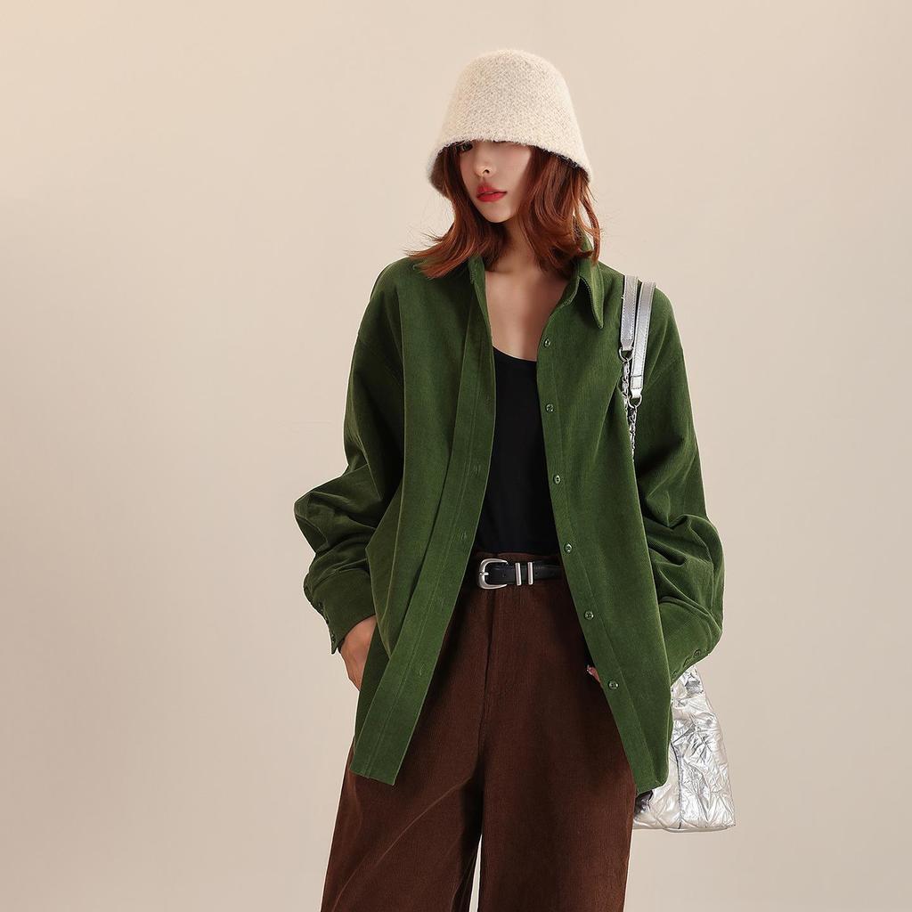 Women's Long Sleeve Washed Corduroy Blouse - Drop/Regular Shoulder, 100% Cotton, Slim Fit, for Spring, Autumn, Winter.
