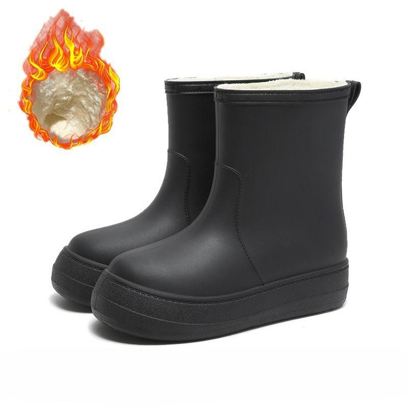 Плюс Бархатные Теплые Резиновые Сапоги Женские Полусапоги Нескользящие Резиновые Сапоги Износостойкие Водонепроницаемые Зимние Сапоги Женские с Фиксированным Хлопковым Чехлом 36-37 чёрный
