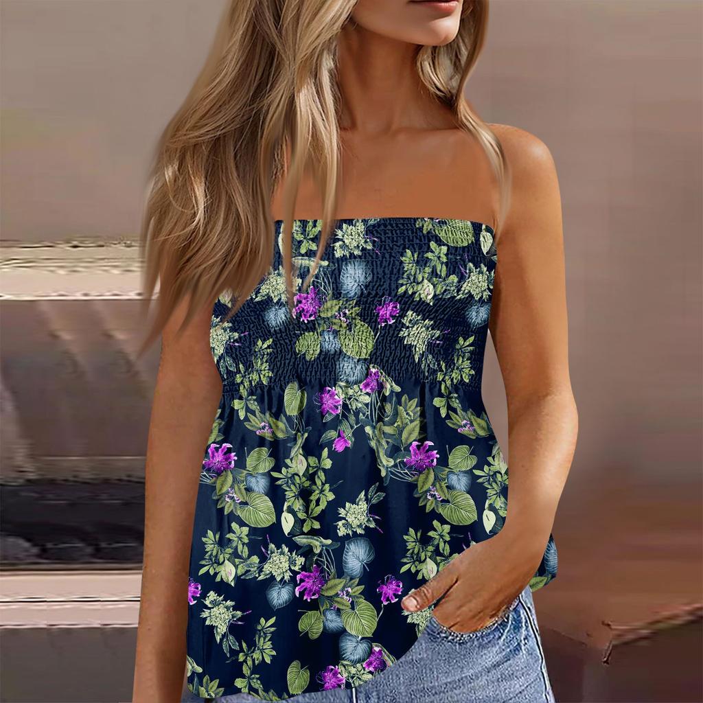 Damskie Topy Eleganckie Casualowe Bluzki Bez Rękawów Top Tube Dla Kobiet, Uroczy Seksowny T-shirt Bez Rękawów z Nadrukiem Odkrywający Ramiona