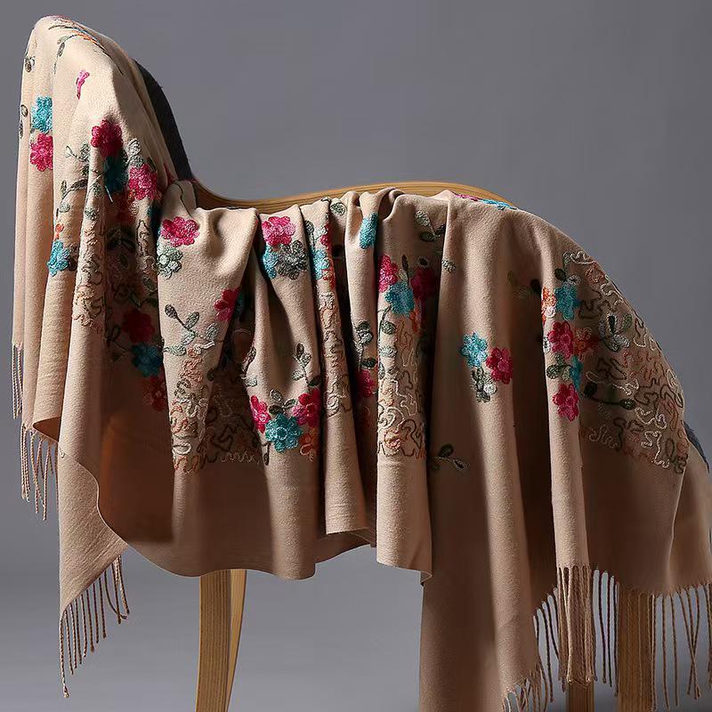 300g Faux Cashmere Embroidered Plum Blossom Scarf, Women's Ethnic Travel Wrap - Warm New Year Holiday Shawl