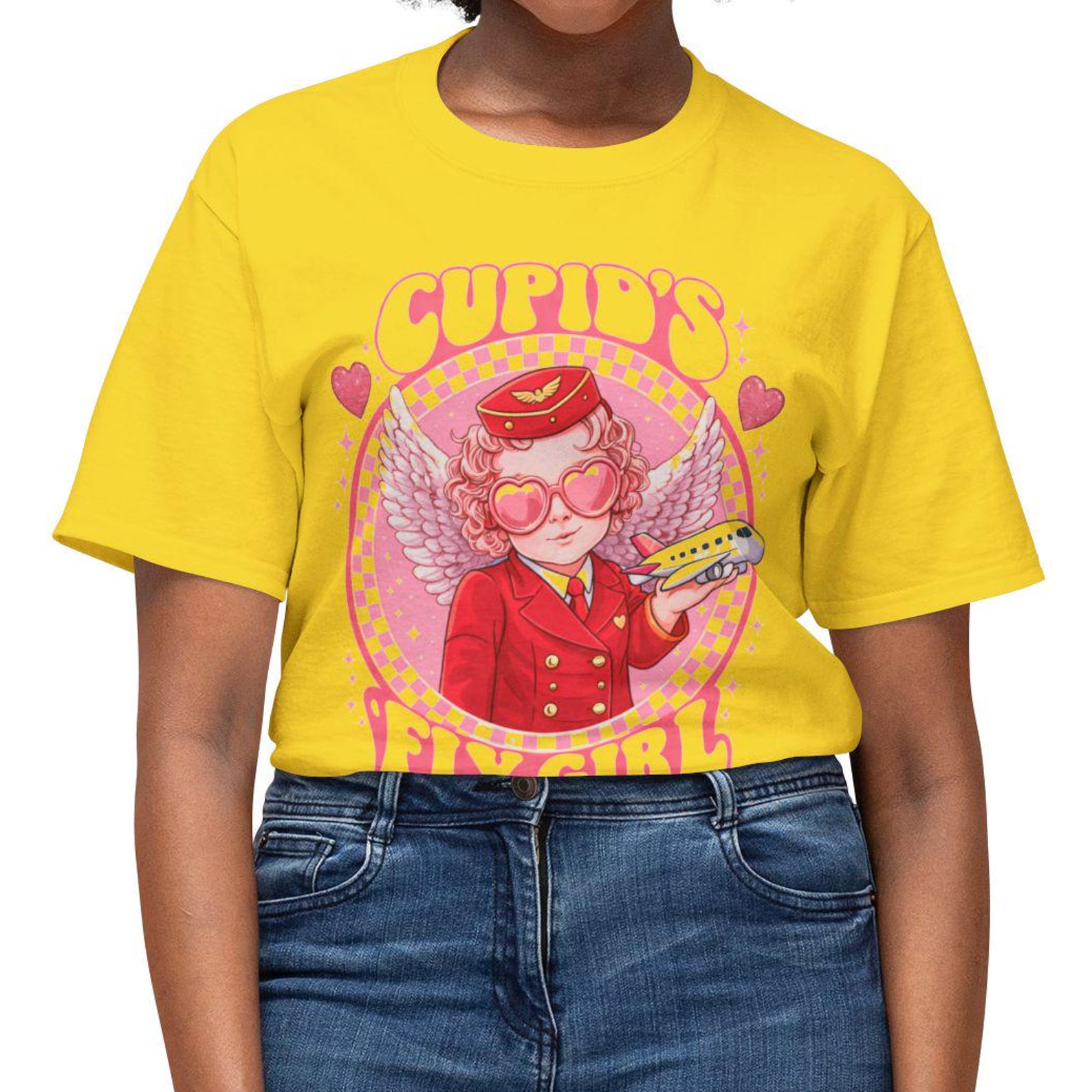Cupid s Fly Girl T-shirt | Retro Cupid Flight Attendant Valentine Tee L