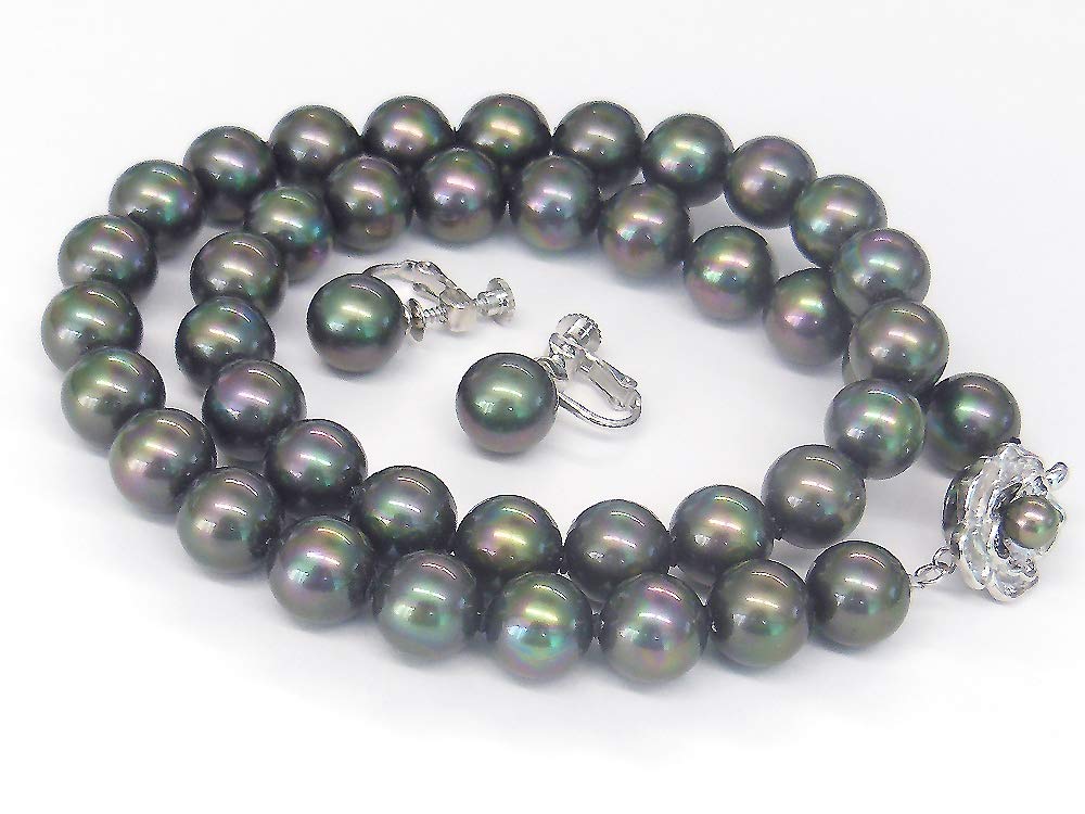[Your and My Jewelry Box] Black Pearl Necklace and Earrings (Piercings) Set, Peacock Color  Black Mother-of-Pearl Pearls 8.0mm and Up Size Made In
