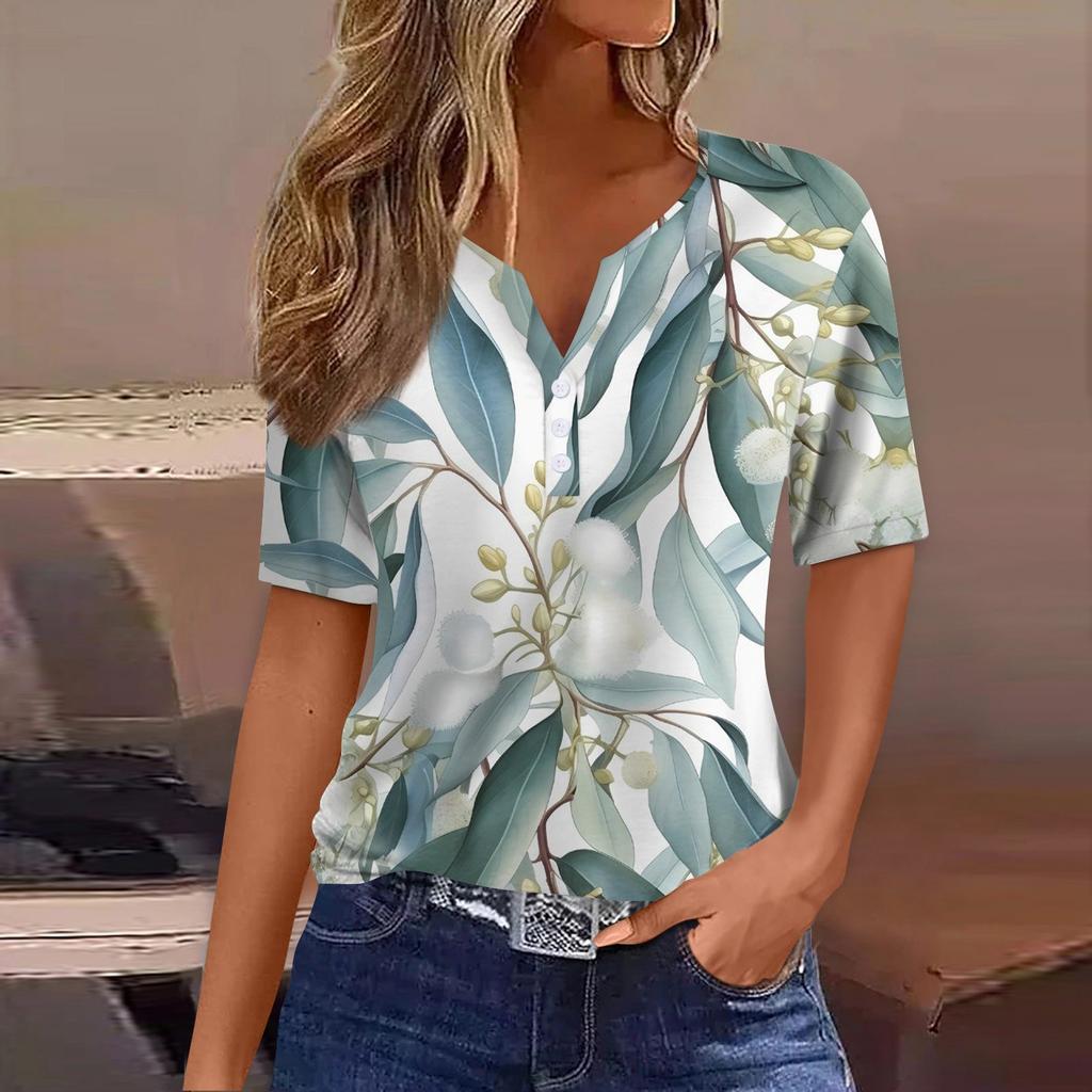 Women's T Shirt Print Button Short Sleeve Daily Weekend Fashion Basic V-Neck Regular Top