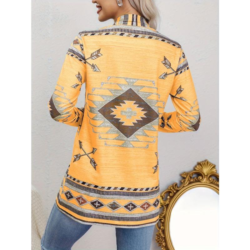 Western Ethnic Print Open Front Cardigan, Casual Long Sleeve Loose Cardigan, Women'S Clothing