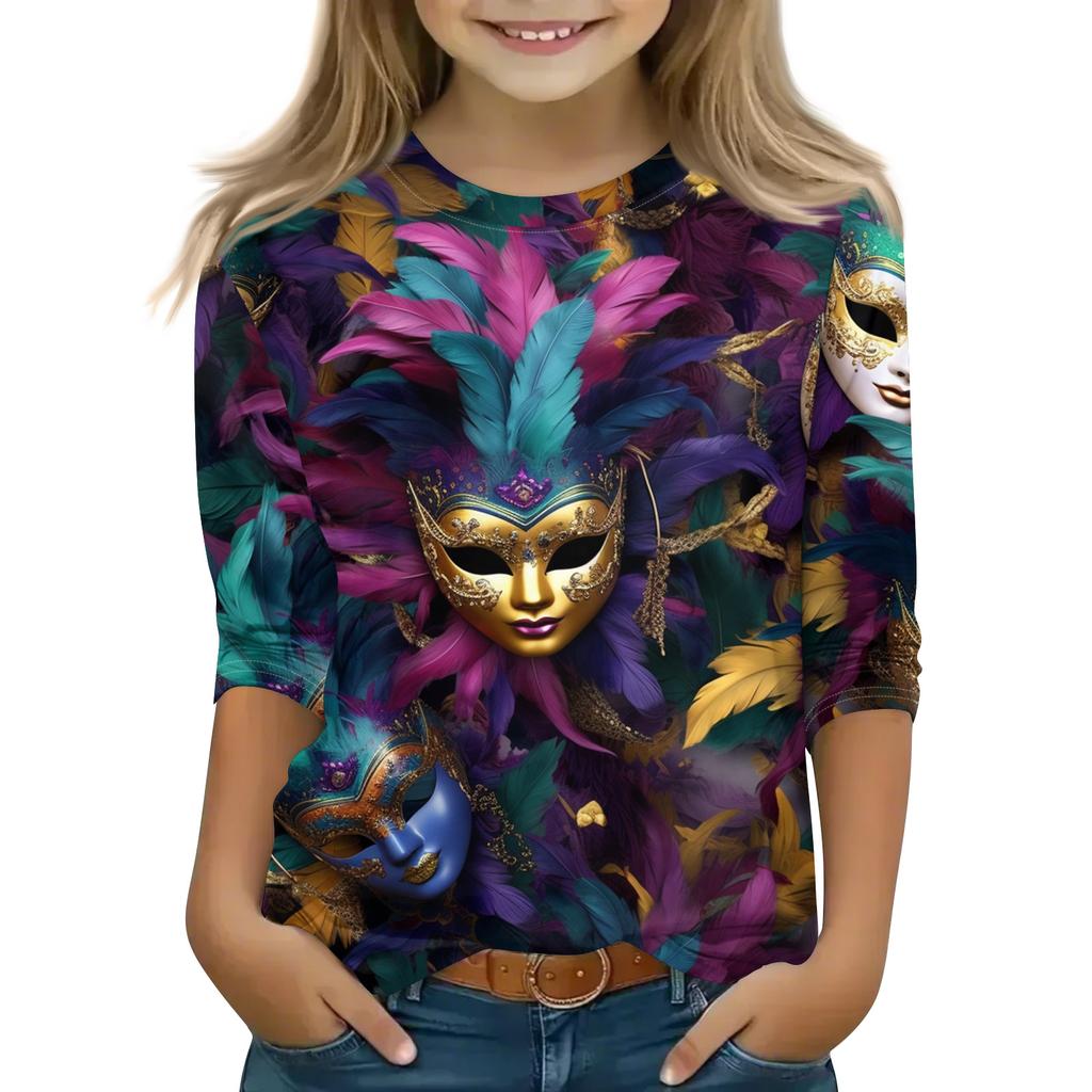 Print Tops For Youth Girls Round Neck 3/4 Sleeves T-Shirts Trendy Tops Outfit Tees